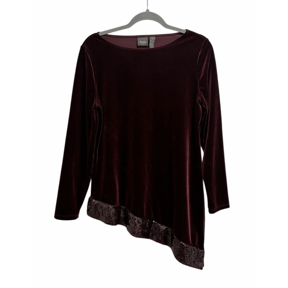 CHICO’S Travelers Women’s Velvet Sequin Trim Tunic Size Medium Burgundy
